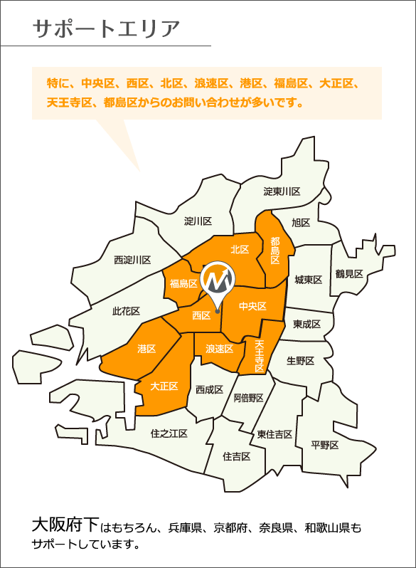 サポートエリア 特に、中央区、西区、北区、浪速区、港区、福島区、大正区、天王寺区、都島区からのお問い合わせが多いです。大阪府下はもちろん、兵庫県、京都府、奈良県、和歌山県もサポートしています。淀川区 淀東川区 西淀川区 北区 都島区 旭区 鶴見区 城東区 福島区 西区 此花区 港区 大正区 西成区 阿倍野区 住之江区 浪速区 中央区 東成区 天王寺区 生野区 平野区 東住吉区 住吉区
