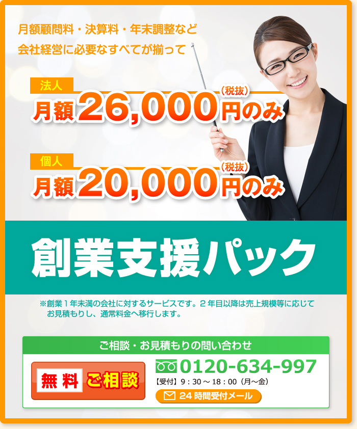 月額顧問料・決算料・年末調整など会社経営に必要なすべてが揃って法人月額25,000円のみ（税抜）個人月額20,000円のみ（税抜） 創業支援パック※創業１年未満の会社に対するサービスです。2年目以降は売上規模等に応じてお見積もりし、通常料金へ移行します。ご相談・お見積もりの問い合わせ 無料ご相談 0120-634-997【受付】9：30～18：00（月～金）
